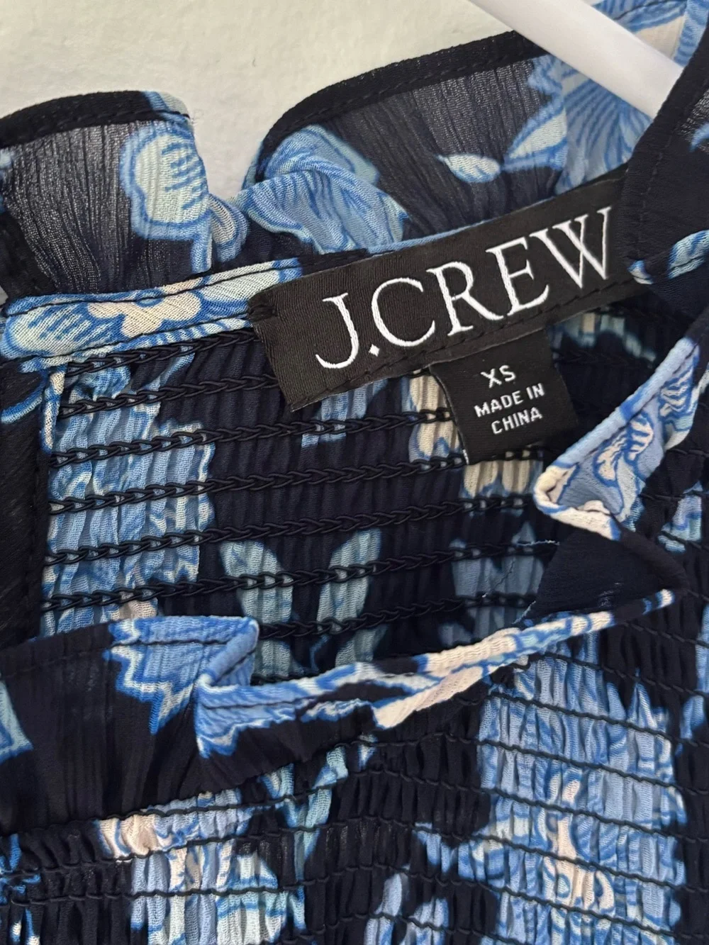 J.Crew Ruffle Neck Chiffon Top Midnight Blue Black Floral Pattern Smocked Ruffle